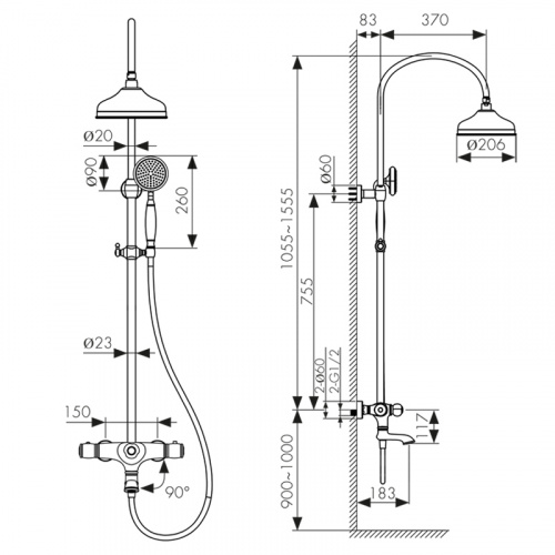 Душевая стойка Kaiser Aria 03182 с термостатом, Душевые панели, Душевые системы, Стойки, Гарнитуры, лейки, тропический душ в Москве Тел.: +7 (968) 040-40-82