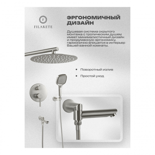 Душевая система встраиваемая Filarete Roun FL1026NK, никель, Душевые панели, Душевые системы, Душевые стойки, Гарнитуры, лейки, тропический душ в Москве Тел.: +7 (968) 040-40-82
