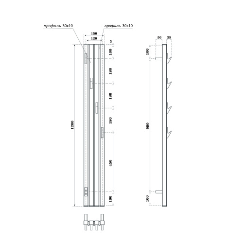 Полотенцесушитель электрический Point Пиано PN19722WC 150x1200 диммер слева, белый с хромом с доставкой по Москве